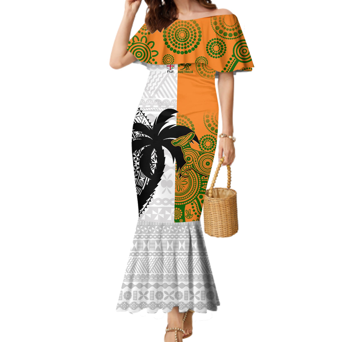 Fiji And Australia Rugby Family Matching Mermaid Dress and Hawaiian Shirt 2023 World Cup Aboriginal Mix Tapa Pattern LT14 Mom's Dress Gold - Polynesian Pride