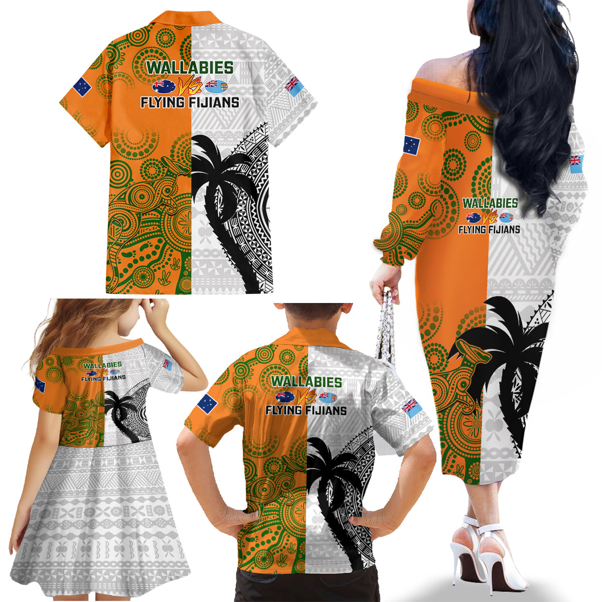 Fiji And Australia Rugby Family Matching Off Shoulder Long Sleeve Dress and Hawaiian Shirt 2023 World Cup Aboriginal Mix Tapa Pattern LT14 - Polynesian Pride