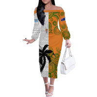 Fiji And Australia Rugby Family Matching Off Shoulder Long Sleeve Dress and Hawaiian Shirt 2023 World Cup Aboriginal Mix Tapa Pattern LT14 Mom's Dress Gold - Polynesian Pride
