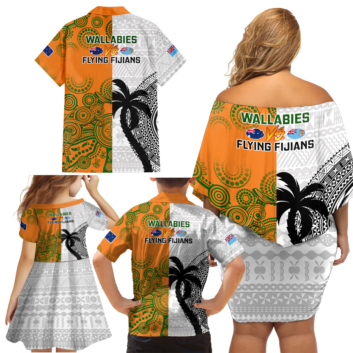 Fiji And Australia Rugby Family Matching Off Shoulder Short Dress and Hawaiian Shirt 2023 World Cup Aboriginal Mix Tapa Pattern LT14 - Polynesian Pride