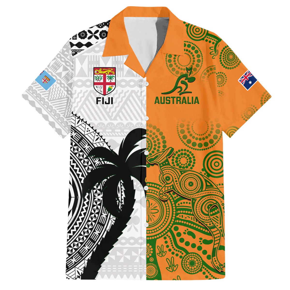 Fiji And Australia Rugby Family Matching Short Sleeve Bodycon Dress and Hawaiian Shirt 2023 World Cup Aboriginal Mix Tapa Pattern LT14 Dad's Shirt - Short Sleeve Gold - Polynesian Pride