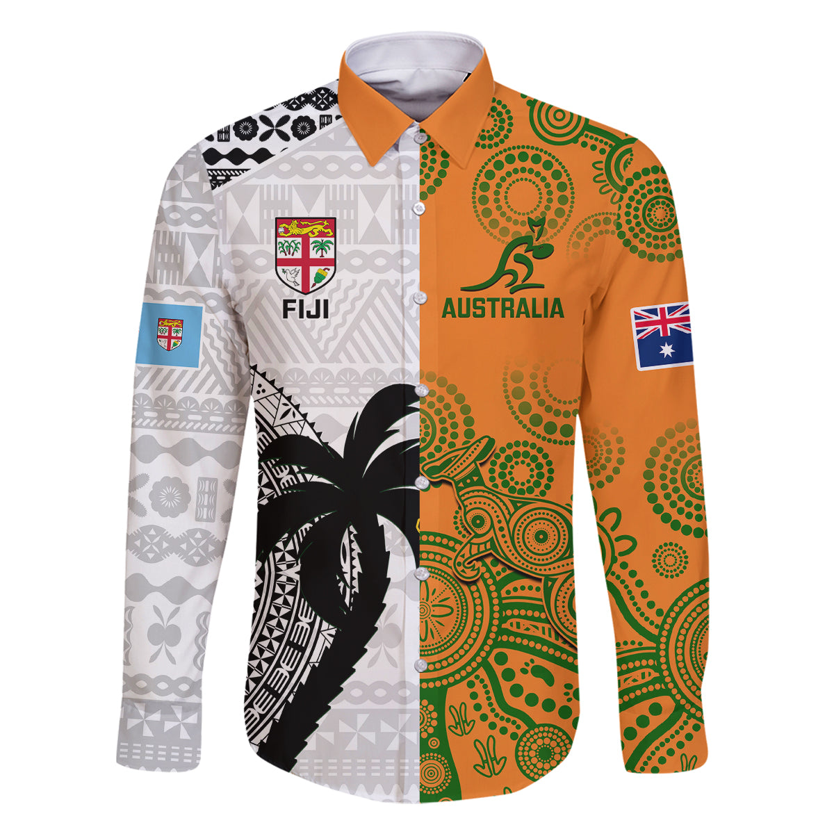 Fiji And Australia Rugby Family Matching Summer Maxi Dress and Hawaiian Shirt 2023 World Cup Aboriginal Mix Tapa Pattern LT14 Dad's Shirt - Long Sleeve Gold - Polynesian Pride