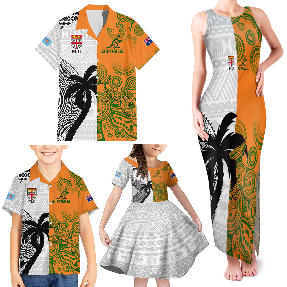 Fiji And Australia Rugby Family Matching Tank Maxi Dress and Hawaiian Shirt 2023 World Cup Aboriginal Mix Tapa Pattern LT14 - Polynesian Pride