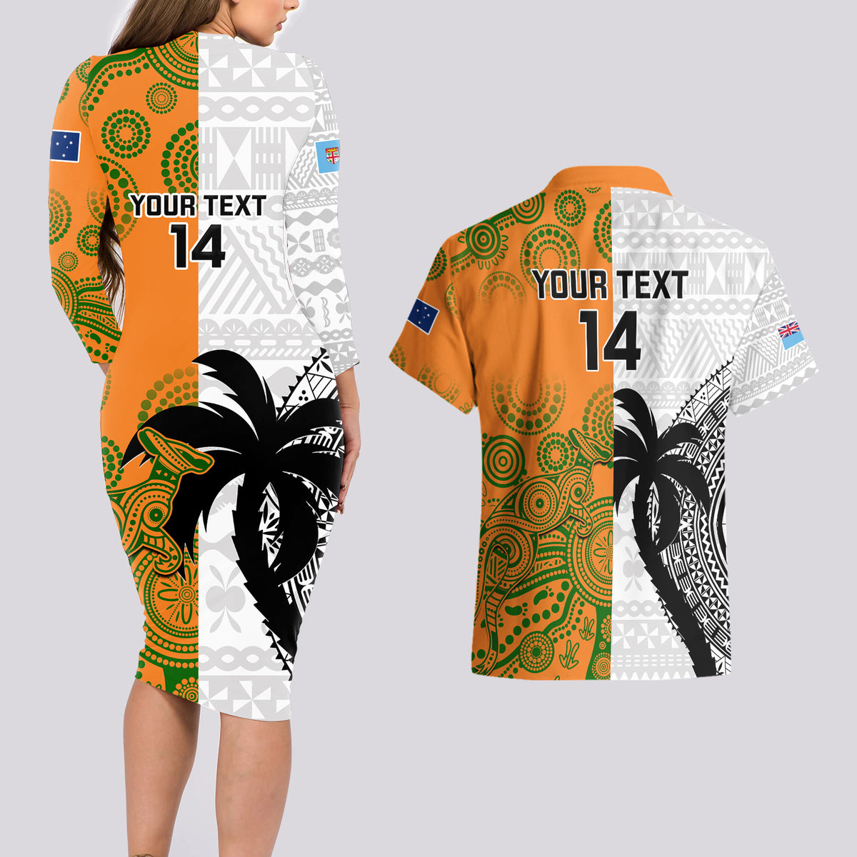 Custom Fiji And Australia Rugby Couples Matching Long Sleeve Bodycon Dress and Hawaiian Shirt 2023 World Cup Aboriginal Mix Tapa Pattern LT14 - Polynesian Pride