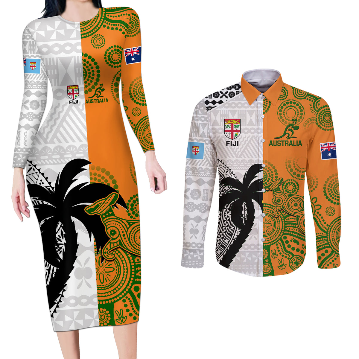 Custom Fiji And Australia Rugby Couples Matching Long Sleeve Bodycon Dress and Long Sleeve Button Shirts 2023 World Cup Aboriginal Mix Tapa Pattern LT14 Gold - Polynesian Pride