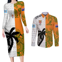 Custom Fiji And Australia Rugby Couples Matching Long Sleeve Bodycon Dress and Long Sleeve Button Shirts 2023 World Cup Aboriginal Mix Tapa Pattern LT14 Gold - Polynesian Pride