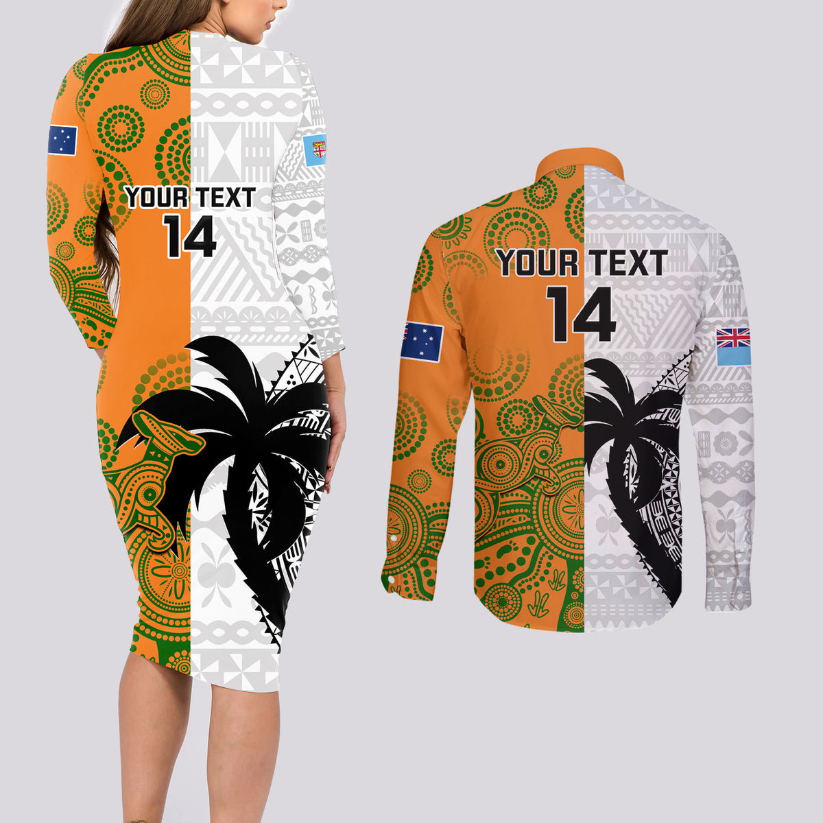 Custom Fiji And Australia Rugby Couples Matching Long Sleeve Bodycon Dress and Long Sleeve Button Shirts 2023 World Cup Aboriginal Mix Tapa Pattern LT14 - Polynesian Pride