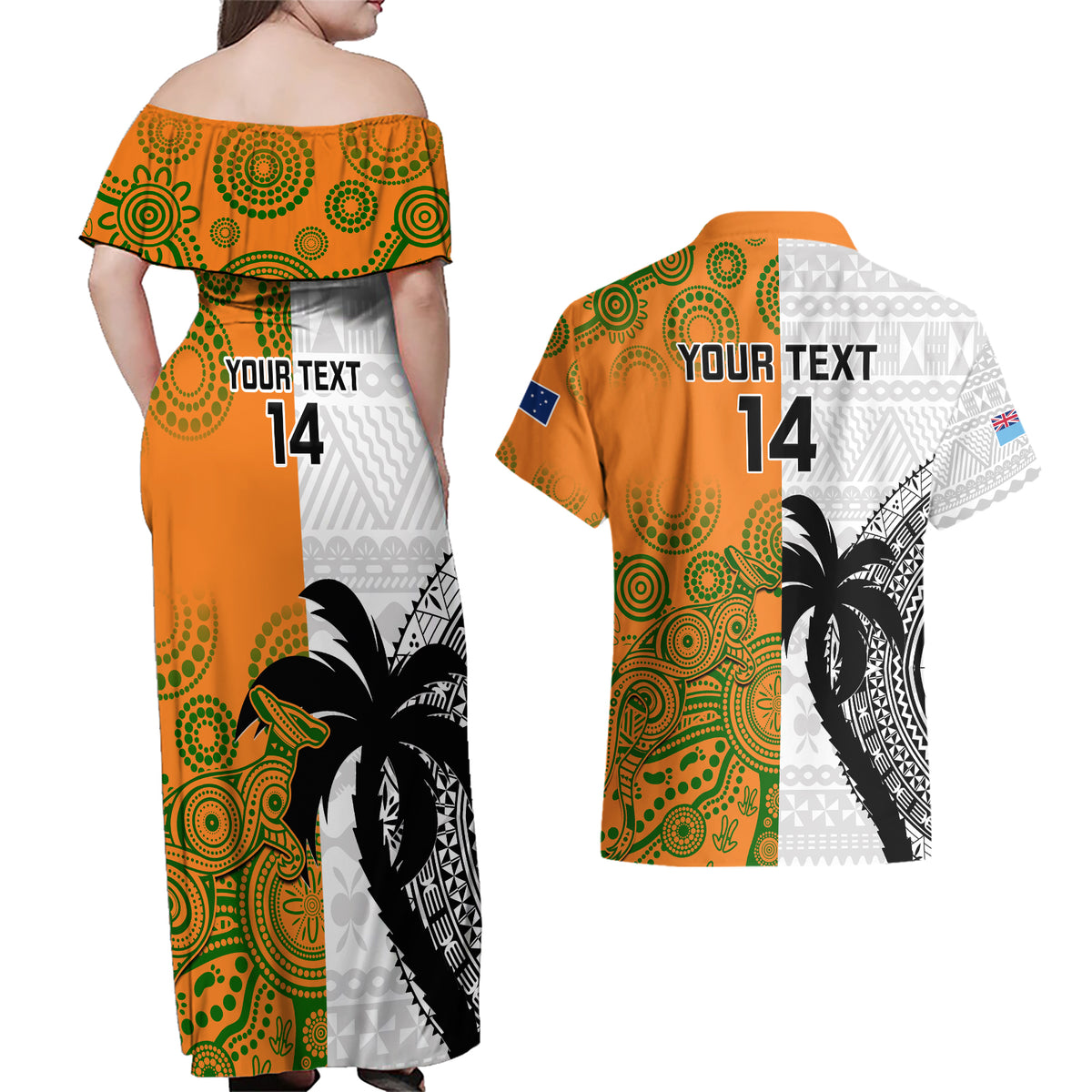 Custom Fiji And Australia Rugby Couples Matching Off Shoulder Maxi Dress and Hawaiian Shirt 2023 World Cup Aboriginal Mix Tapa Pattern LT14 - Polynesian Pride