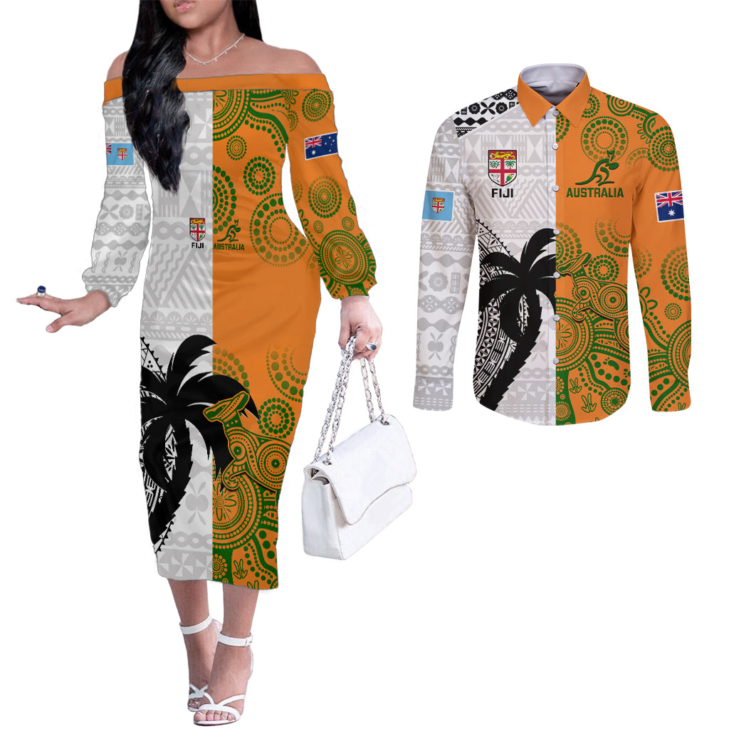 Custom Fiji And Australia Rugby Couples Matching Off The Shoulder Long Sleeve Dress and Long Sleeve Button Shirts 2023 World Cup Aboriginal Mix Tapa Pattern LT14 Gold - Polynesian Pride