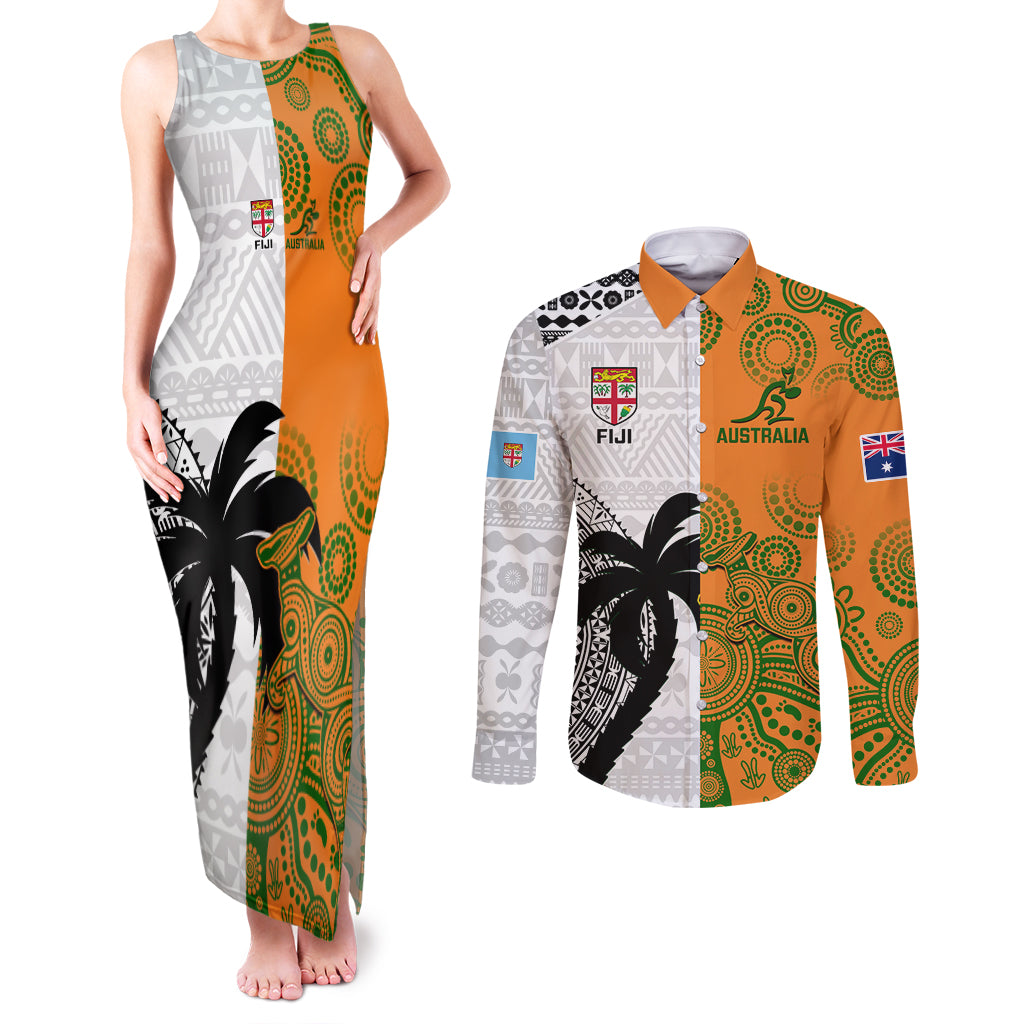 Custom Fiji And Australia Rugby Couples Matching Tank Maxi Dress and Long Sleeve Button Shirts 2023 World Cup Aboriginal Mix Tapa Pattern LT14 Gold - Polynesian Pride