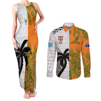 Custom Fiji And Australia Rugby Couples Matching Tank Maxi Dress and Long Sleeve Button Shirts 2023 World Cup Aboriginal Mix Tapa Pattern LT14 Gold - Polynesian Pride