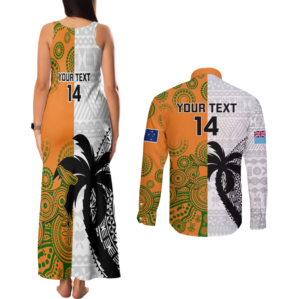 Custom Fiji And Australia Rugby Couples Matching Tank Maxi Dress and Long Sleeve Button Shirts 2023 World Cup Aboriginal Mix Tapa Pattern LT14 - Polynesian Pride