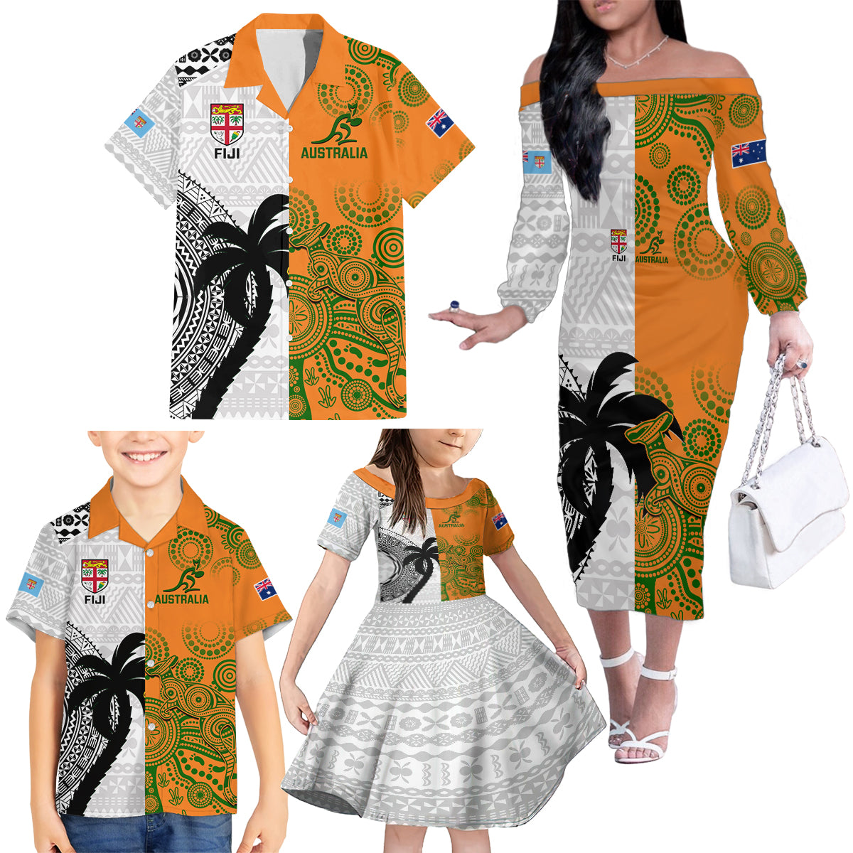 Custom Fiji And Australia Rugby Family Matching Off Shoulder Long Sleeve Dress and Hawaiian Shirt 2023 World Cup Aboriginal Mix Tapa Pattern LT14 - Polynesian Pride