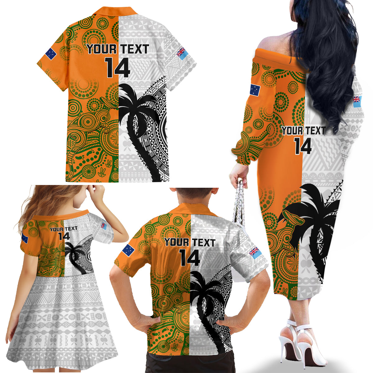 Custom Fiji And Australia Rugby Family Matching Off Shoulder Long Sleeve Dress and Hawaiian Shirt 2023 World Cup Aboriginal Mix Tapa Pattern LT14 - Polynesian Pride