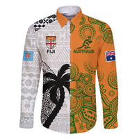 Custom Fiji And Australia Rugby Family Matching Off Shoulder Maxi Dress and Hawaiian Shirt 2023 World Cup Aboriginal Mix Tapa Pattern LT14 Dad's Shirt - Short Sleeve Gold - Polynesian Pride