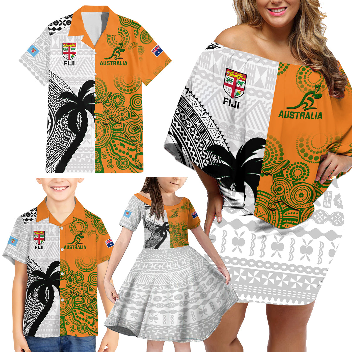 Custom Fiji And Australia Rugby Family Matching Off Shoulder Short Dress and Hawaiian Shirt 2023 World Cup Aboriginal Mix Tapa Pattern LT14 - Polynesian Pride