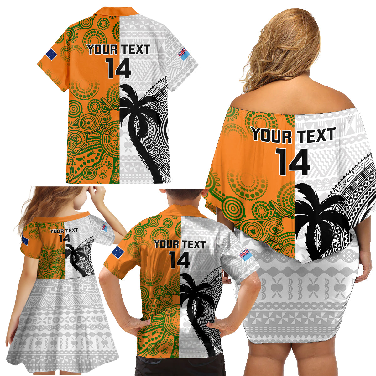 Custom Fiji And Australia Rugby Family Matching Off Shoulder Short Dress and Hawaiian Shirt 2023 World Cup Aboriginal Mix Tapa Pattern LT14 - Polynesian Pride