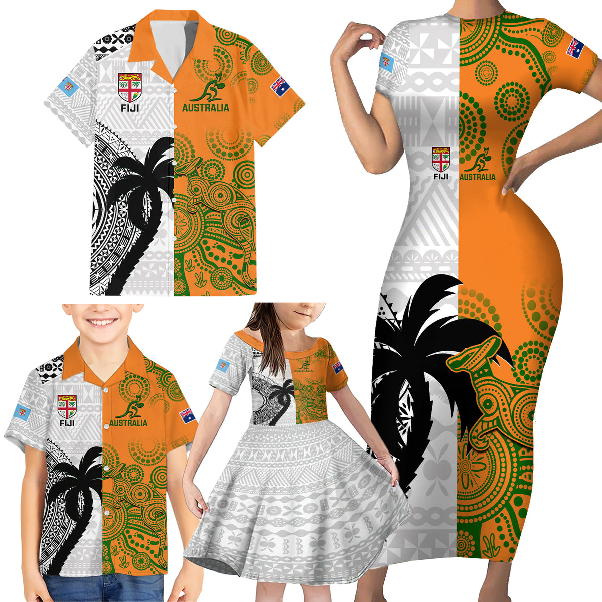 Custom Fiji And Australia Rugby Family Matching Short Sleeve Bodycon Dress and Hawaiian Shirt 2023 World Cup Aboriginal Mix Tapa Pattern LT14 - Polynesian Pride