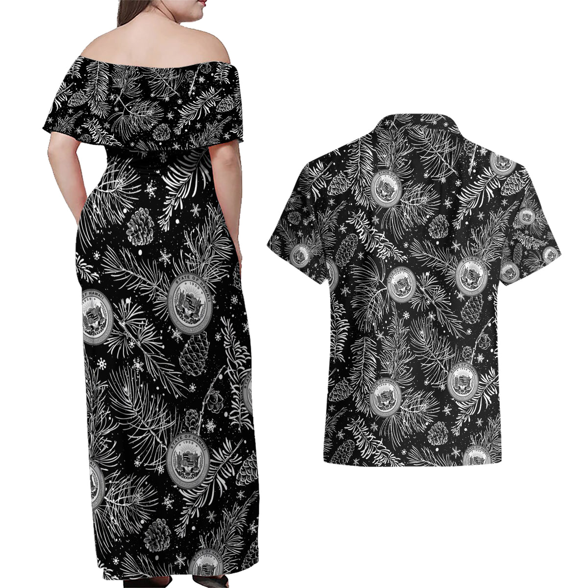 Hawaii Christmas Couples Matching Off Shoulder Maxi Dress and Hawaiian Shirt Tropical Style With Coat Of Arms LT14 - Polynesian Pride