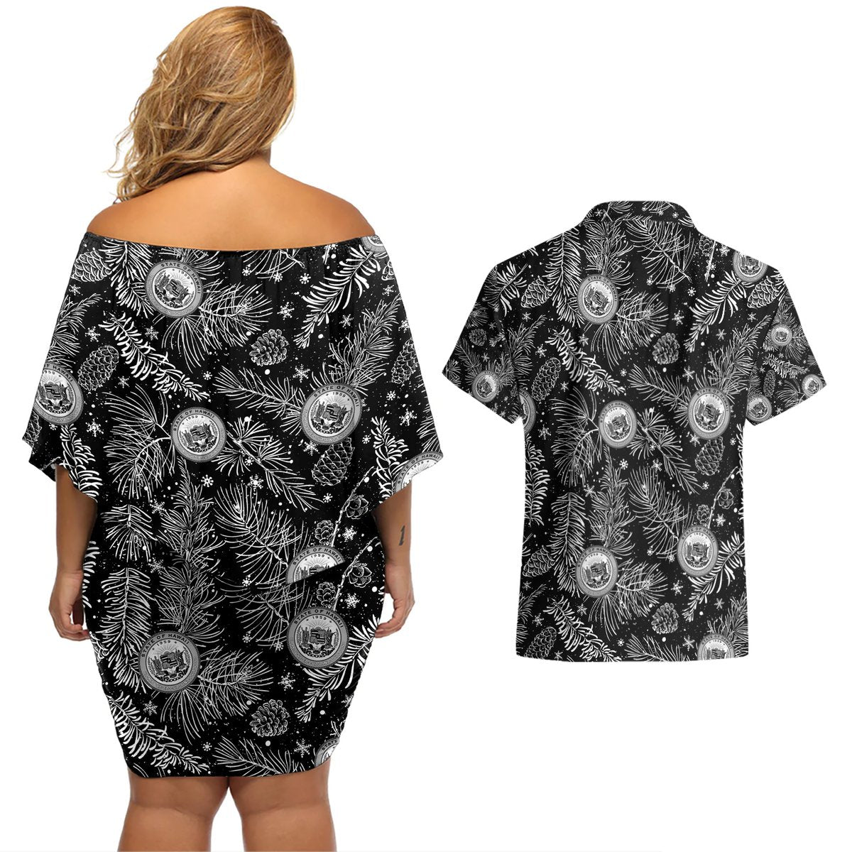 Hawaii Christmas Couples Matching Off Shoulder Short Dress and Hawaiian Shirt Tropical Style With Coat Of Arms LT14 - Polynesian Pride