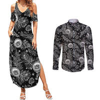 Hawaii Christmas Couples Matching Summer Maxi Dress and Long Sleeve Button Shirt Tropical Style With Coat Of Arms LT14 Black - Polynesian Pride