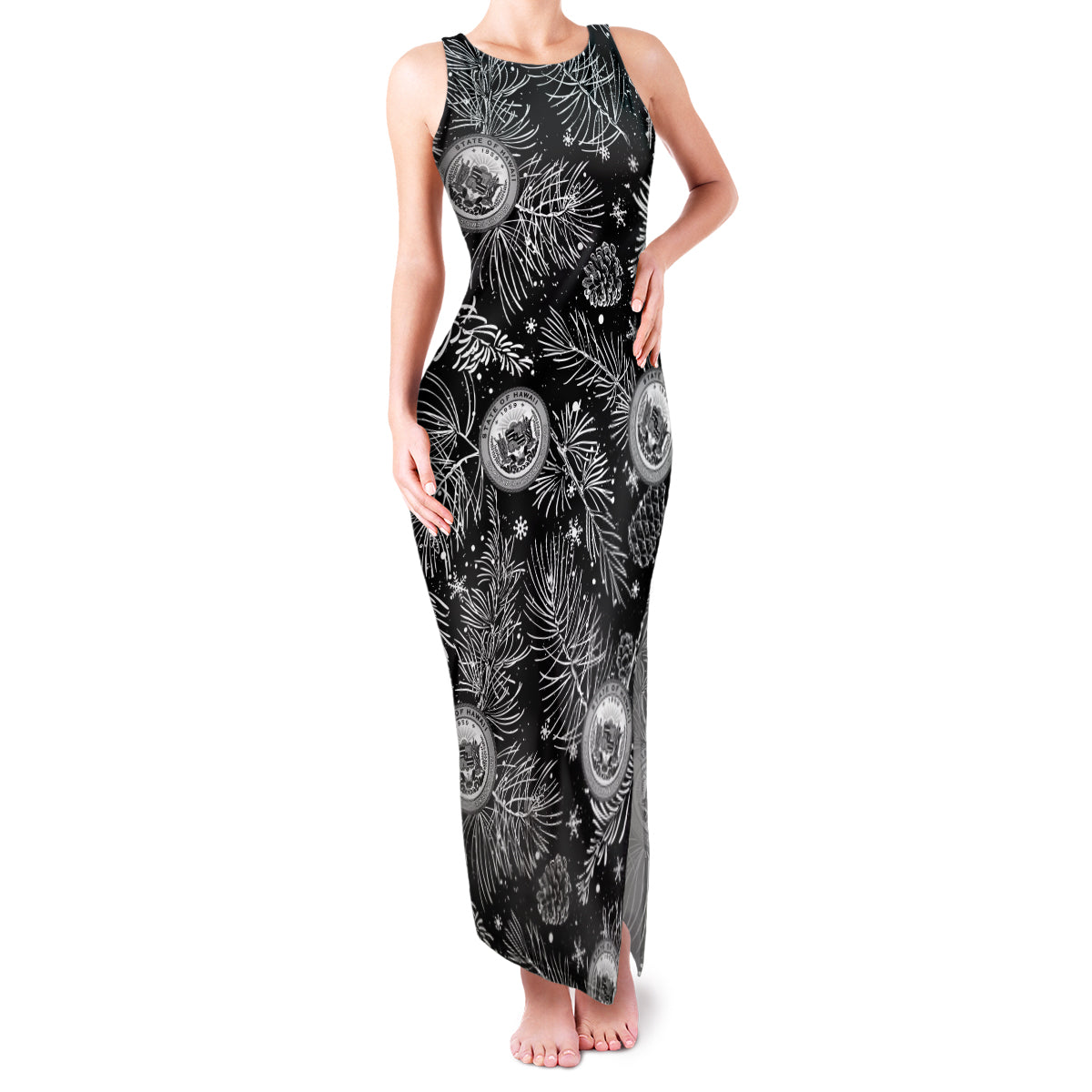 Hawaii Christmas Family Matching Tank Maxi Dress and Hawaiian Shirt Tropical Style With Coat Of Arms LT14 Mom's Dress Black - Polynesian Pride