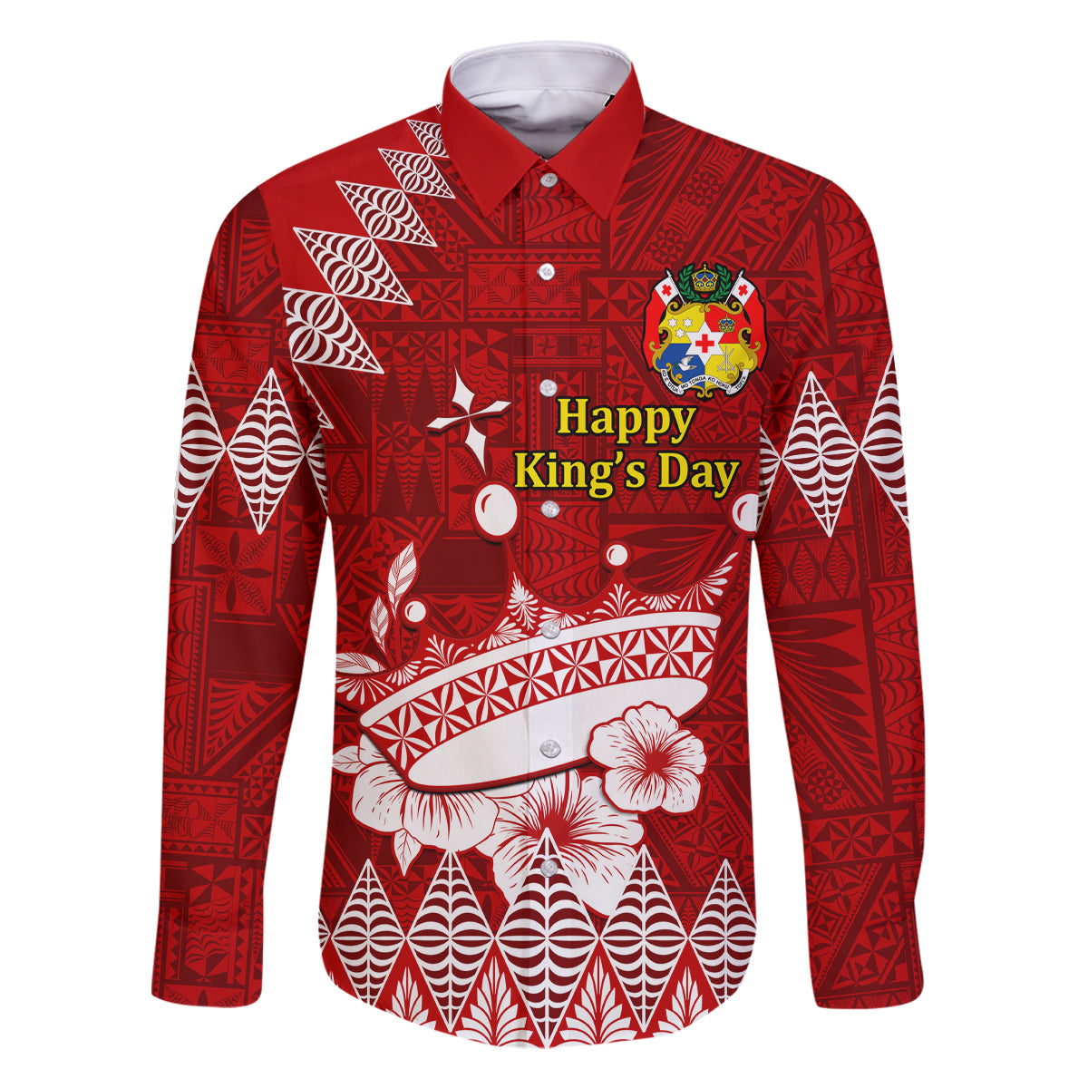Personalised Tonga King Tupou I Day Family Matching Off Shoulder Short Dress and Hawaiian Shirt Tongan Ngatu Pattern With Crown LT14 Dad's Shirt - Long Sleeve Red - Polynesian Pride