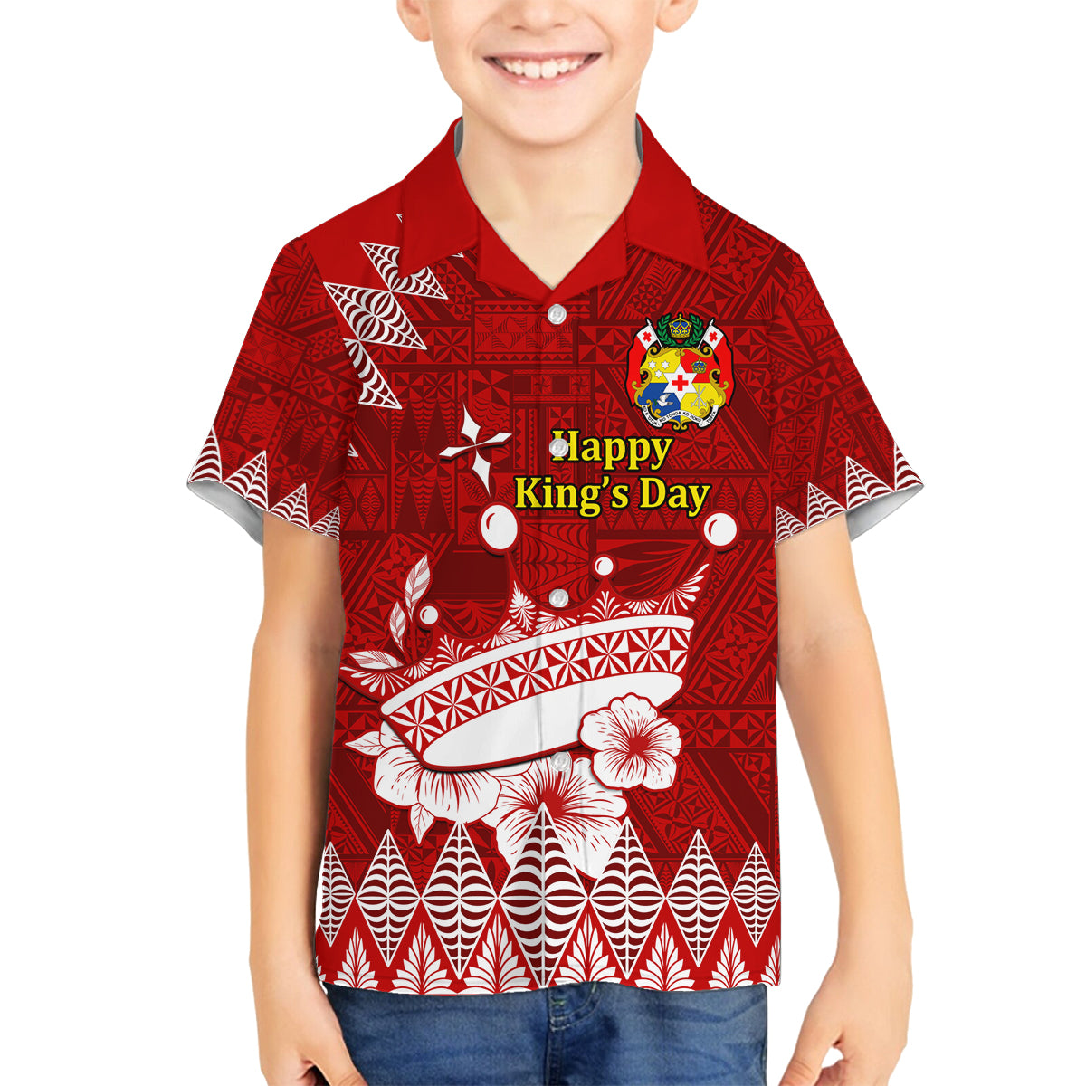 Personalised Tonga King Tupou I Day Family Matching Summer Maxi Dress and Hawaiian Shirt Tongan Ngatu Pattern With Crown LT14 Son's Shirt Red - Polynesian Pride