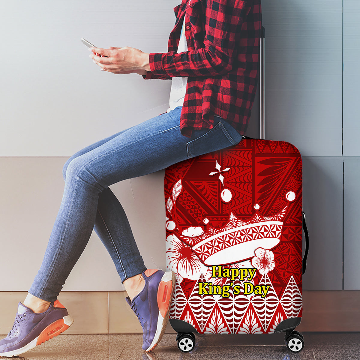 Tonga King Tupou I Day Luggage Cover Tongan Ngatu Pattern With Crown LT14 - Polynesian Pride