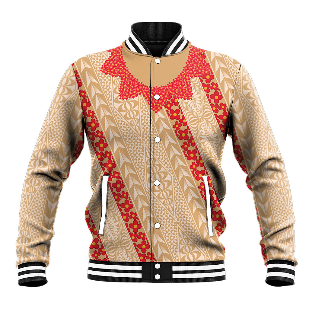 Malo e Lelei Tonga Baseball Jacket Heilala Lei Tongan Ngatu Pattern LT14 Unisex Beige - Polynesian Pride