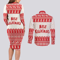 Red Mele Kalikimaka Hawaii Couples Matching Long Sleeve Bodycon Dress and Long Sleeve Button Shirt Funny Ho Ho Ho Santa Shaka LT14 - Polynesian Pride