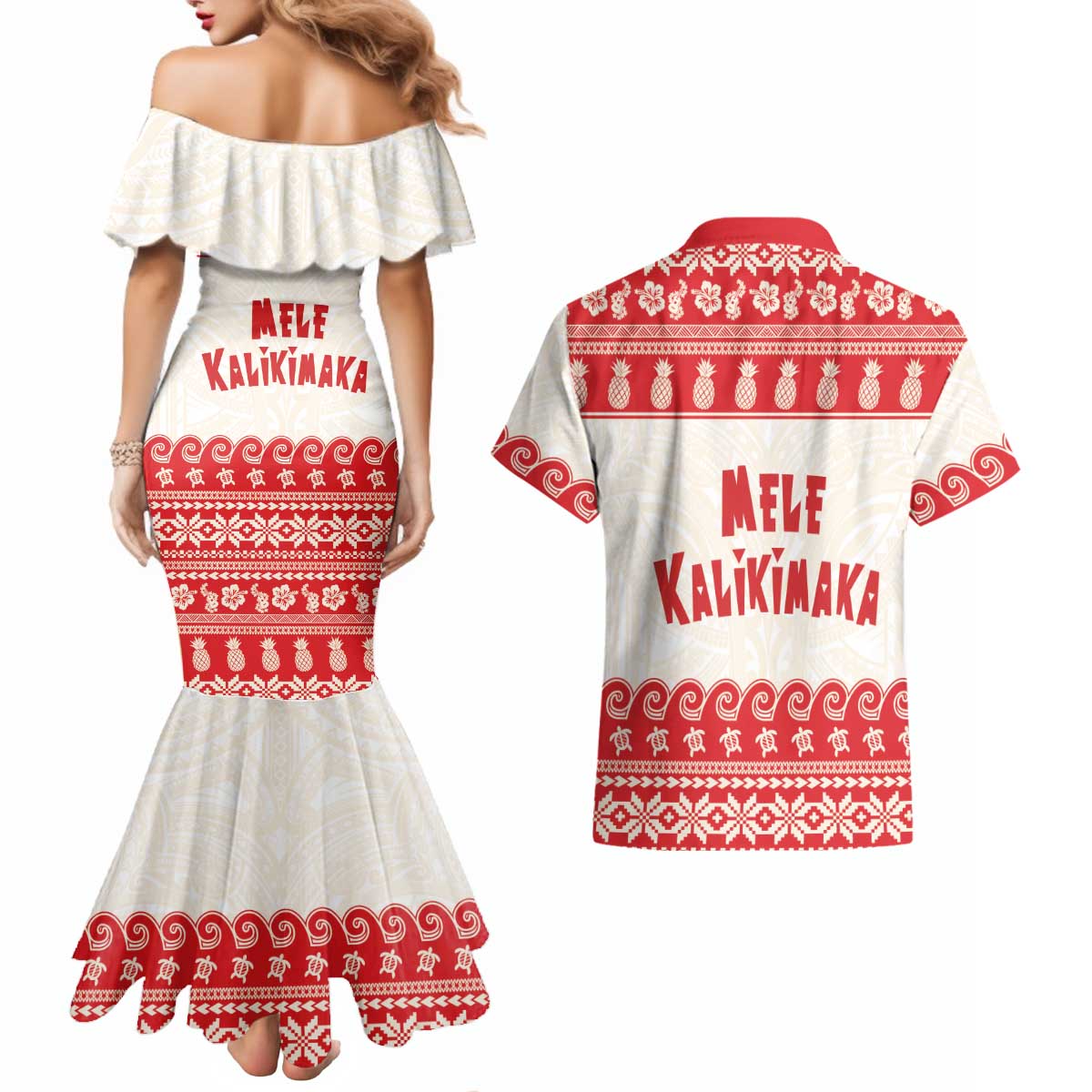 Red Mele Kalikimaka Hawaii Couples Matching Mermaid Dress and Hawaiian Shirt Funny Ho Ho Ho Santa Shaka LT14 - Polynesian Pride