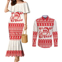 Red Mele Kalikimaka Hawaii Couples Matching Mermaid Dress and Long Sleeve Button Shirt Funny Ho Ho Ho Santa Shaka LT14 Red - Polynesian Pride