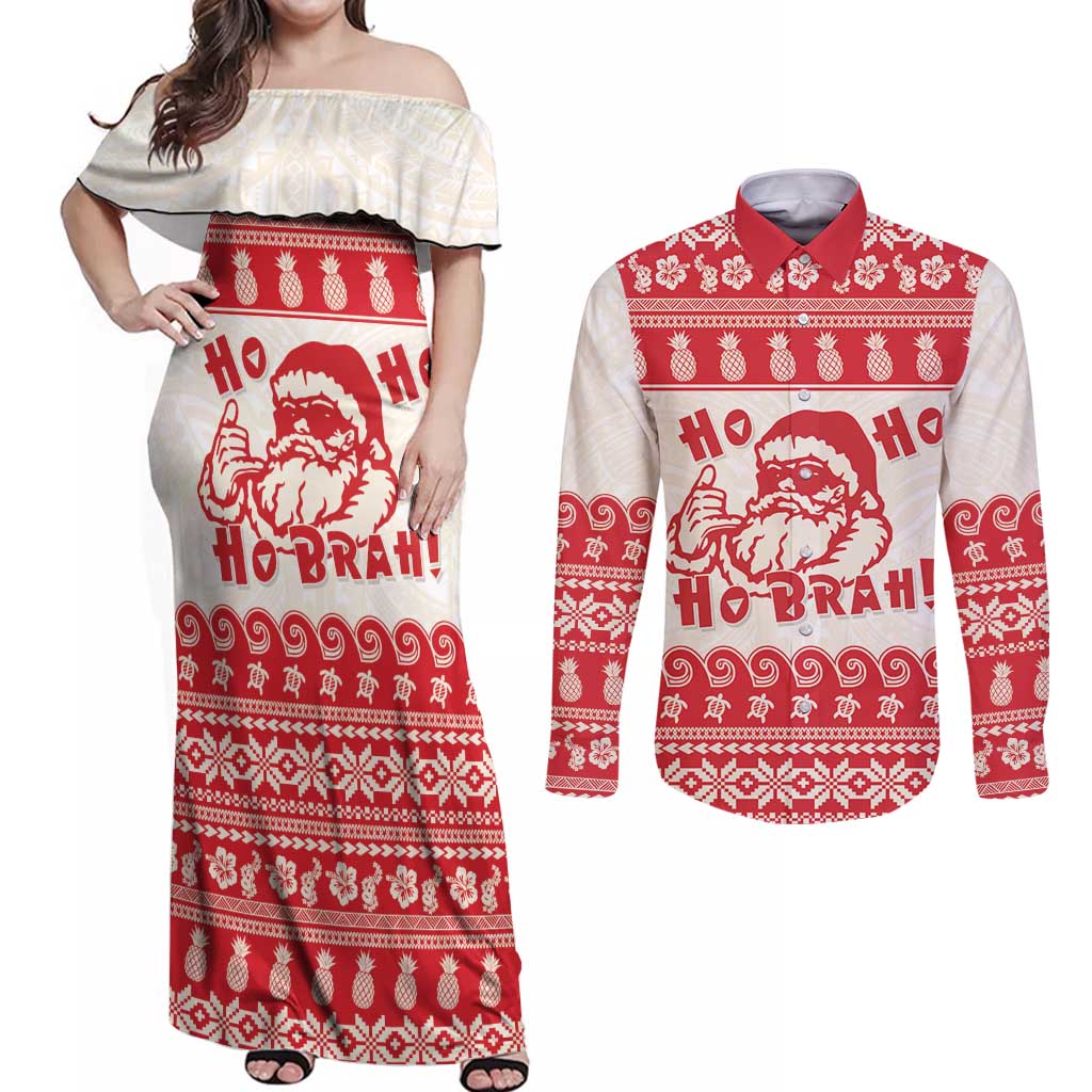 Red Mele Kalikimaka Hawaii Couples Matching Off Shoulder Maxi Dress and Long Sleeve Button Shirt Funny Ho Ho Ho Santa Shaka LT14 Red - Polynesian Pride