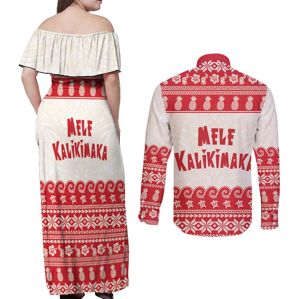 Red Mele Kalikimaka Hawaii Couples Matching Off Shoulder Maxi Dress and Long Sleeve Button Shirt Funny Ho Ho Ho Santa Shaka LT14 - Polynesian Pride