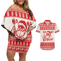 Red Mele Kalikimaka Hawaii Couples Matching Off Shoulder Short Dress and Hawaiian Shirt Funny Ho Ho Ho Santa Shaka LT14 Red - Polynesian Pride