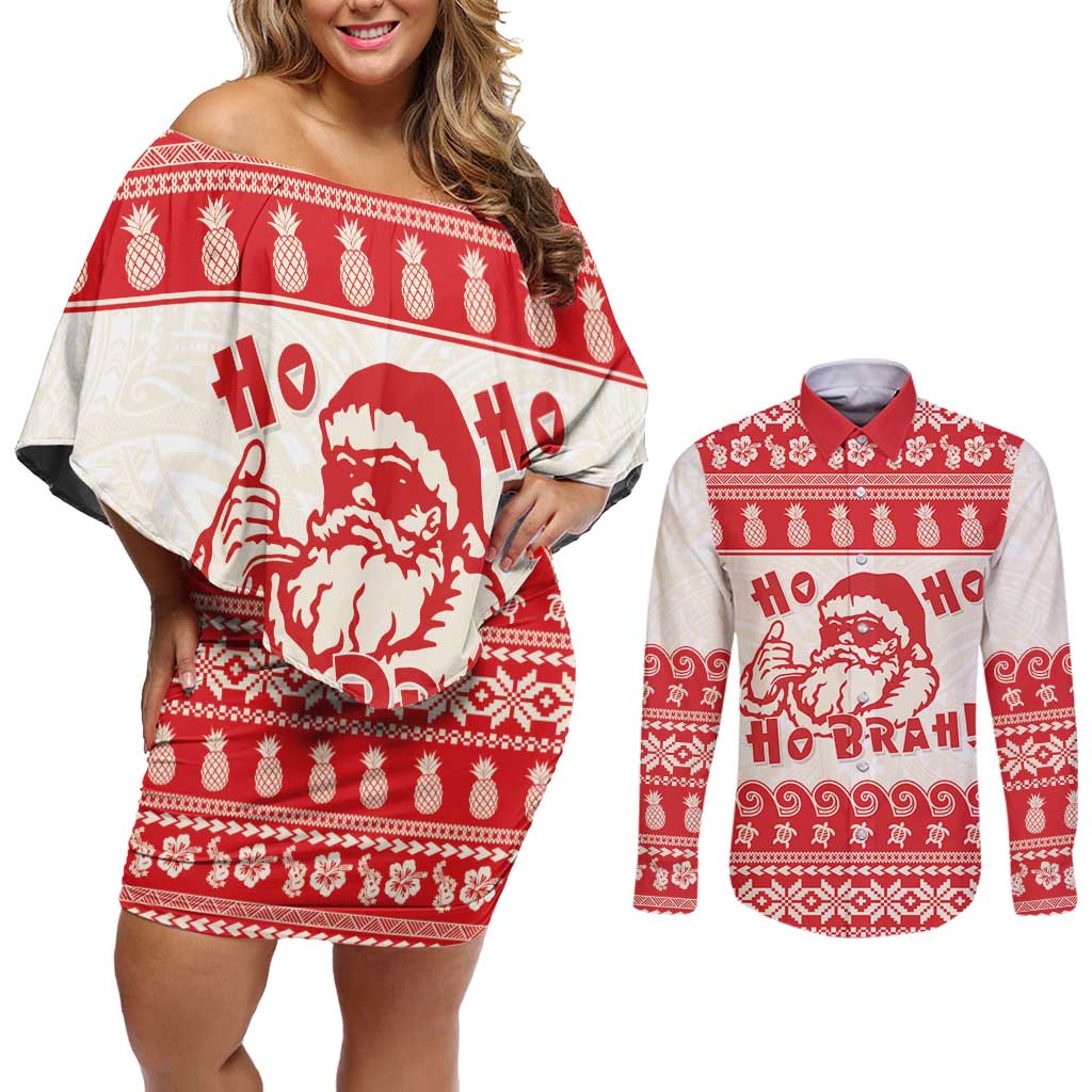 Red Mele Kalikimaka Hawaii Couples Matching Off Shoulder Short Dress and Long Sleeve Button Shirt Funny Ho Ho Ho Santa Shaka LT14 Red - Polynesian Pride
