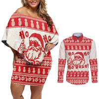 Red Mele Kalikimaka Hawaii Couples Matching Off Shoulder Short Dress and Long Sleeve Button Shirt Funny Ho Ho Ho Santa Shaka LT14 Red - Polynesian Pride