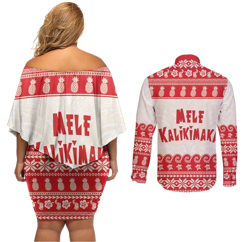 Red Mele Kalikimaka Hawaii Couples Matching Off Shoulder Short Dress and Long Sleeve Button Shirt Funny Ho Ho Ho Santa Shaka LT14 - Polynesian Pride