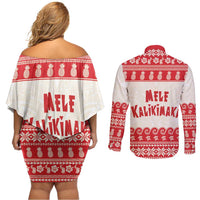 Red Mele Kalikimaka Hawaii Couples Matching Off Shoulder Short Dress and Long Sleeve Button Shirt Funny Ho Ho Ho Santa Shaka LT14 - Polynesian Pride