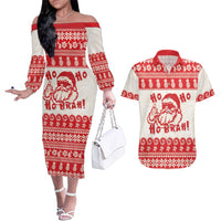 Red Mele Kalikimaka Hawaii Couples Matching Off The Shoulder Long Sleeve Dress and Hawaiian Shirt Funny Ho Ho Ho Santa Shaka LT14 Red - Polynesian Pride