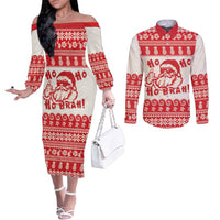 Red Mele Kalikimaka Hawaii Couples Matching Off The Shoulder Long Sleeve Dress and Long Sleeve Button Shirt Funny Ho Ho Ho Santa Shaka LT14 Red - Polynesian Pride