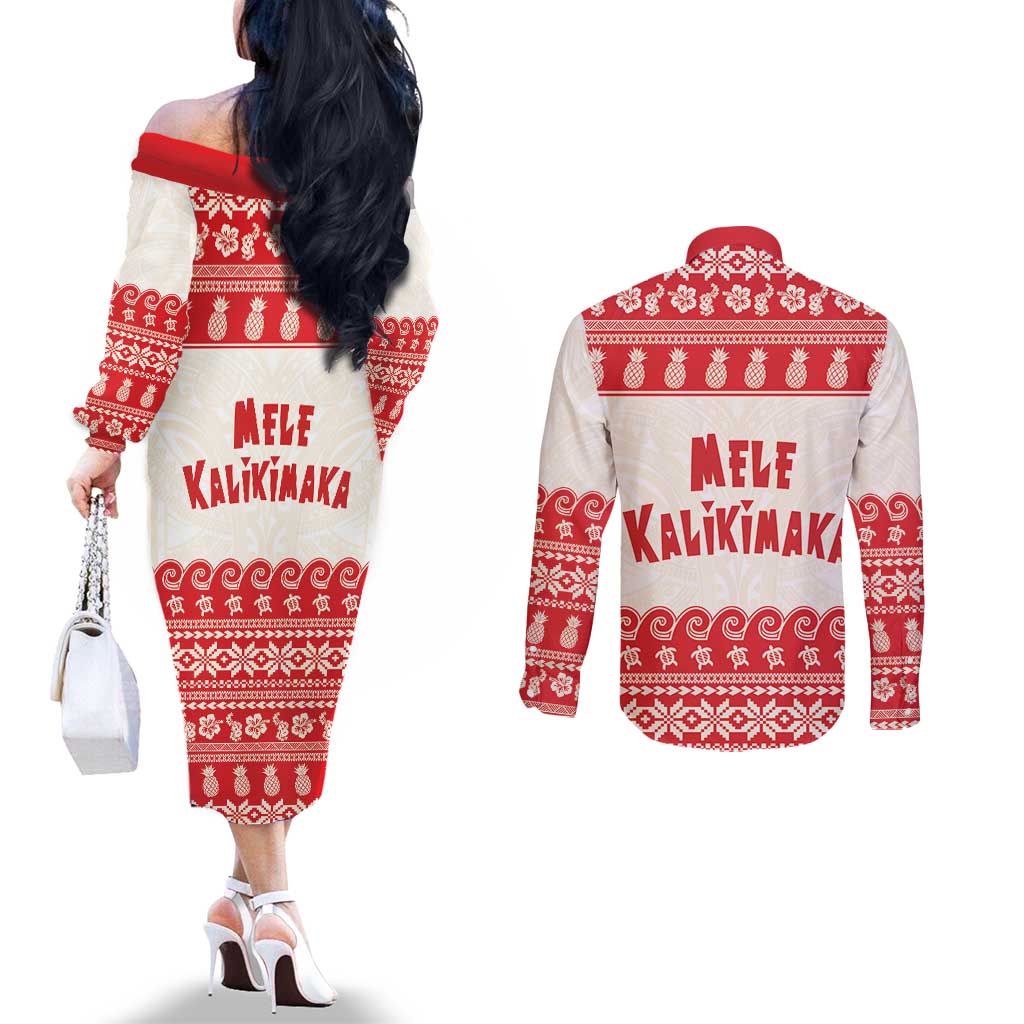 Red Mele Kalikimaka Hawaii Couples Matching Off The Shoulder Long Sleeve Dress and Long Sleeve Button Shirt Funny Ho Ho Ho Santa Shaka LT14 - Polynesian Pride