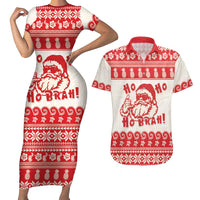 Red Mele Kalikimaka Hawaii Couples Matching Short Sleeve Bodycon Dress and Hawaiian Shirt Funny Ho Ho Ho Santa Shaka LT14 Red - Polynesian Pride