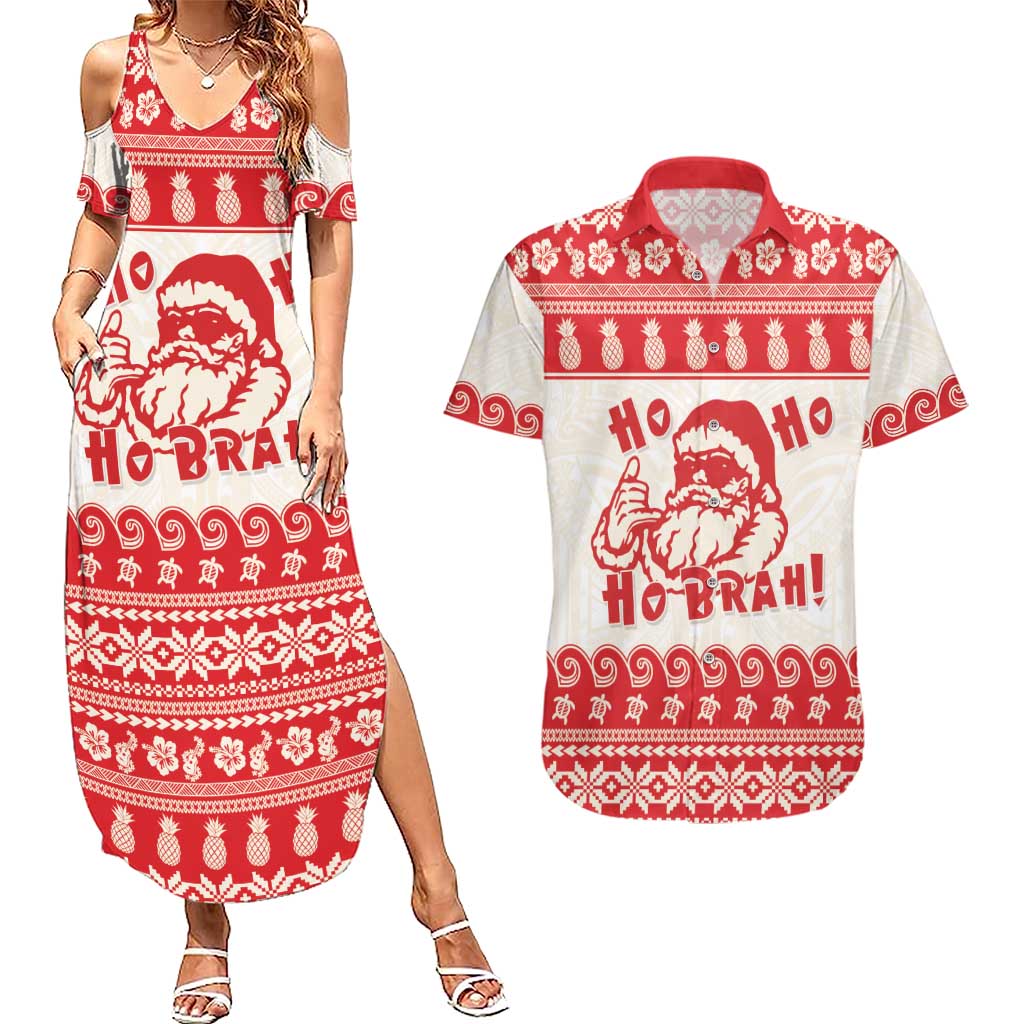 Red Mele Kalikimaka Hawaii Couples Matching Summer Maxi Dress and Hawaiian Shirt Funny Ho Ho Ho Santa Shaka - Polynesian Pride