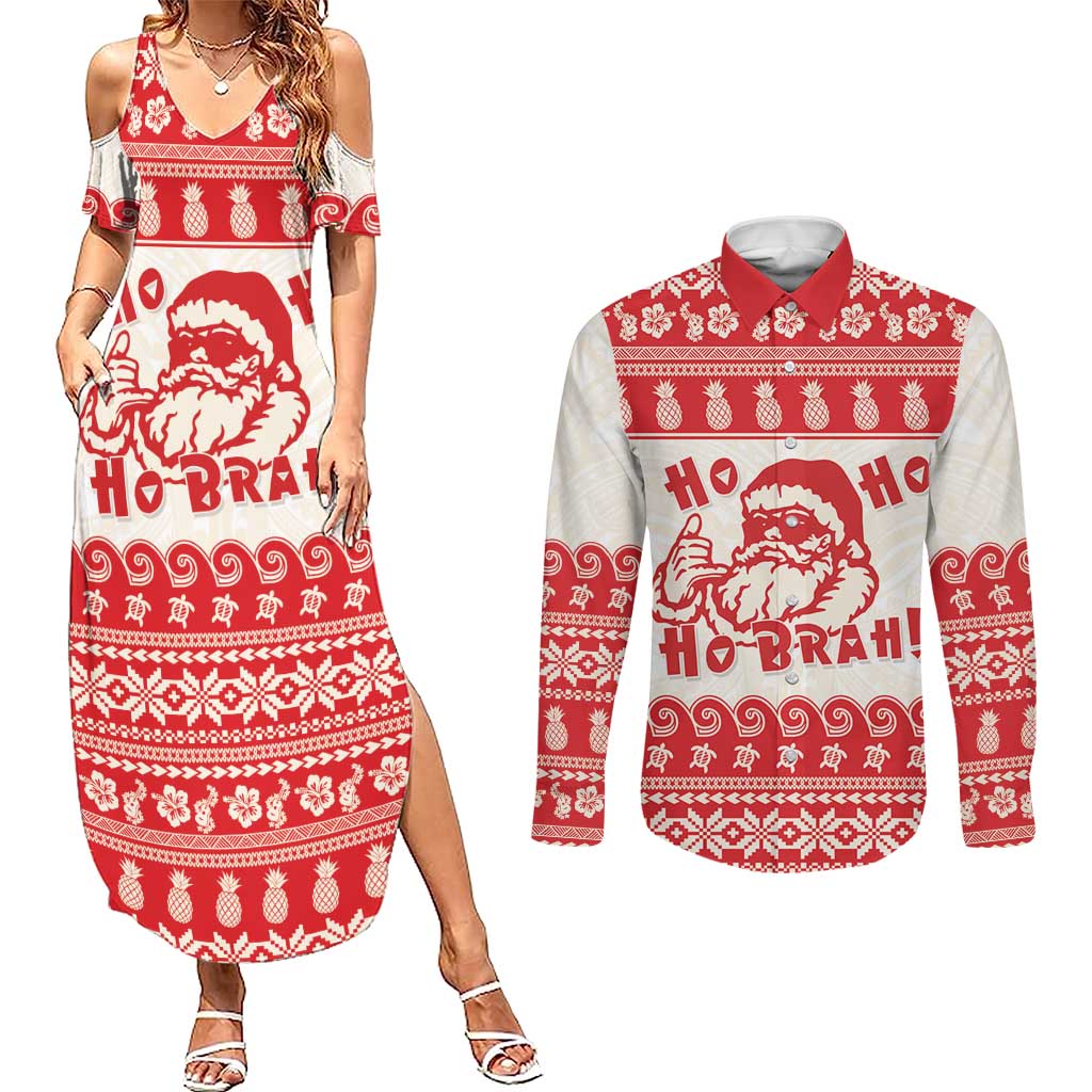 Red Mele Kalikimaka Hawaii Couples Matching Summer Maxi Dress and Long Sleeve Button Shirt Funny Ho Ho Ho Santa Shaka LT14 Red - Polynesian Pride