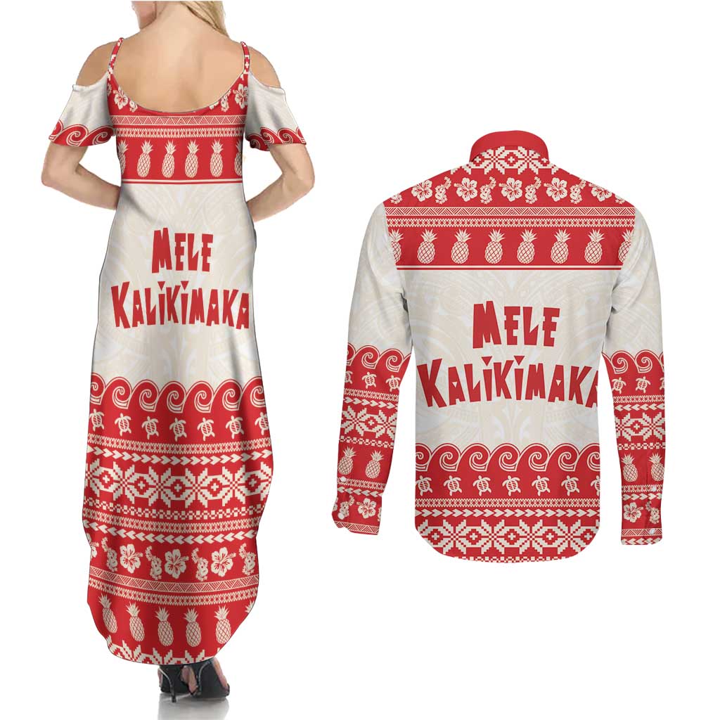 Red Mele Kalikimaka Hawaii Couples Matching Summer Maxi Dress and Long Sleeve Button Shirt Funny Ho Ho Ho Santa Shaka LT14 - Polynesian Pride