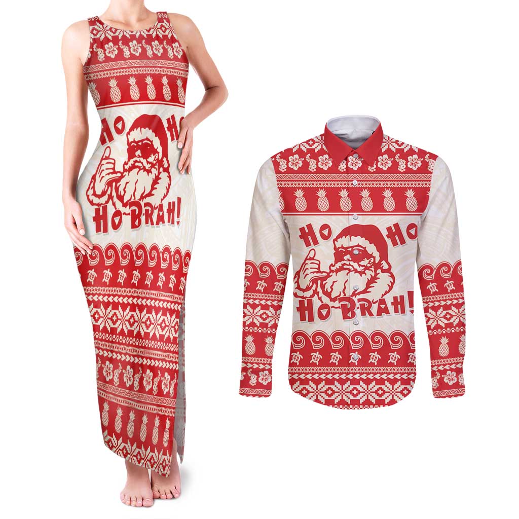 Red Mele Kalikimaka Hawaii Couples Matching Tank Maxi Dress and Long Sleeve Button Shirt Funny Ho Ho Ho Santa Shaka LT14 Red - Polynesian Pride