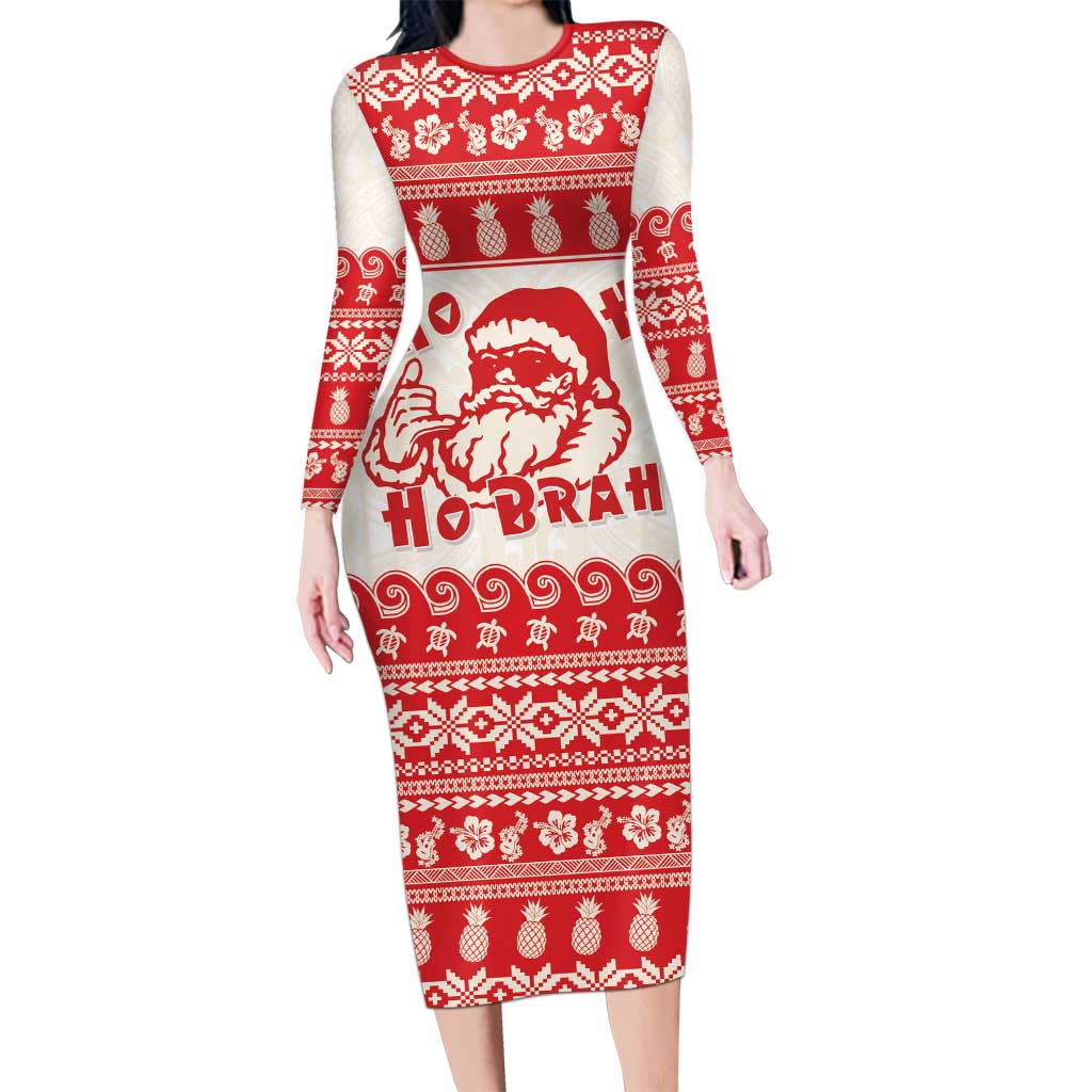 Red Mele Kalikimaka Hawaii Family Matching Long Sleeve Bodycon Dress and Hawaiian Shirt Funny Ho Ho Ho Santa Shaka LT14 Mom's Dress Red - Polynesian Pride