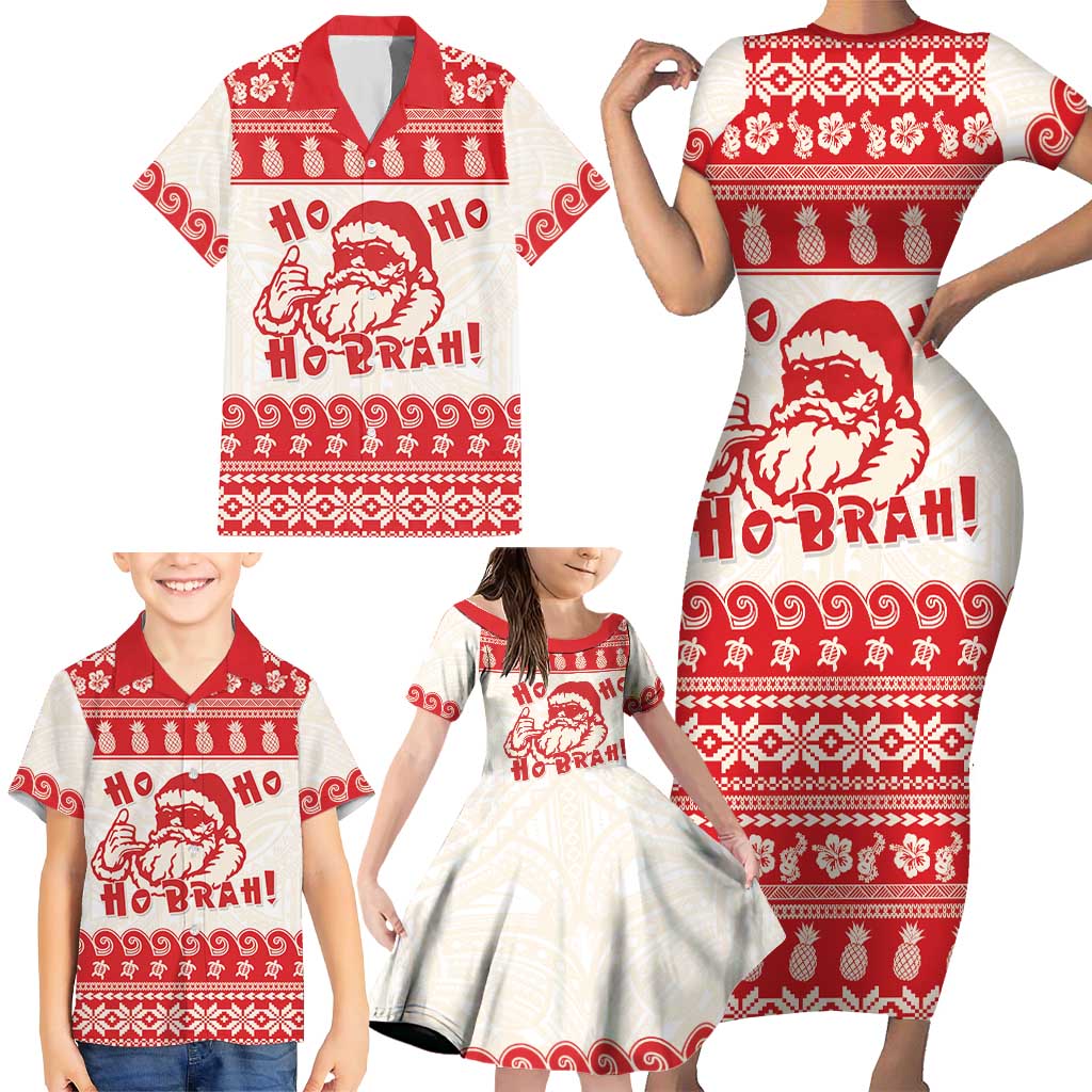 Red Mele Kalikimaka Hawaii Family Matching Short Sleeve Bodycon Dress and Hawaiian Shirt Funny Ho Ho Ho Santa Shaka - Polynesian Pride